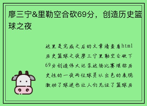 廖三宁&里勒空合砍69分，创造历史篮球之夜